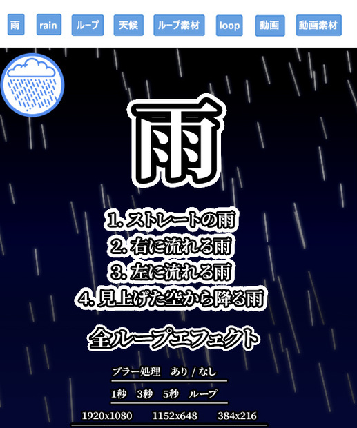 動画素材　雨　4種類　3解像度　全ループ　ブラー処理有り+無し