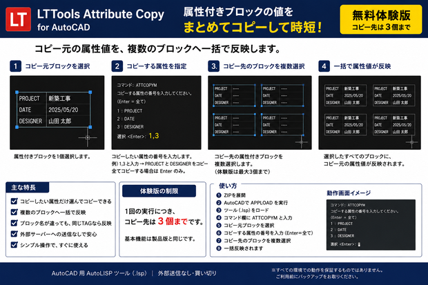 【無料体験版】AutoCAD 属性一括コピー｜図枠・属性を複数ブロックへ一括反映｜AutoLISP