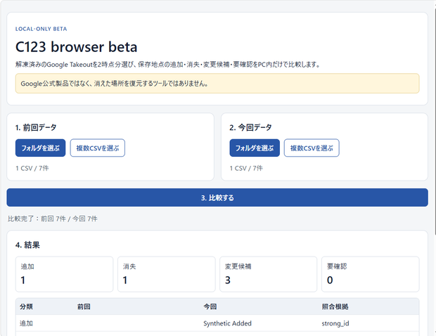 C123｜消えたGoogleマップの保存地点に気づける Takeout差分チェック(beta)