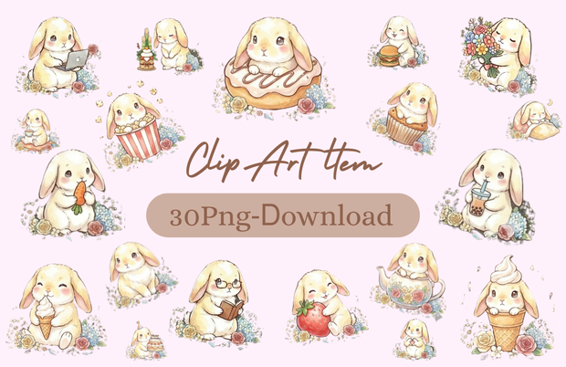 【30枚セット】ゆるふわウサギの宝石スイーツ素材集 - 高画質透過PNG・クリップアート