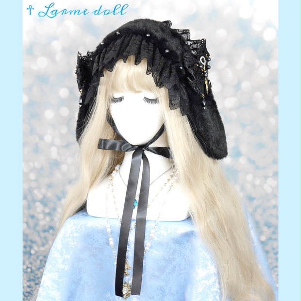 【受注生産】《 》たれうさ耳ファーヘッドドレス (黒) - Larme doll