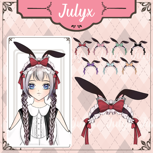 メイドVtuberモデル用ウサギとリボンのヘアピン（7色）