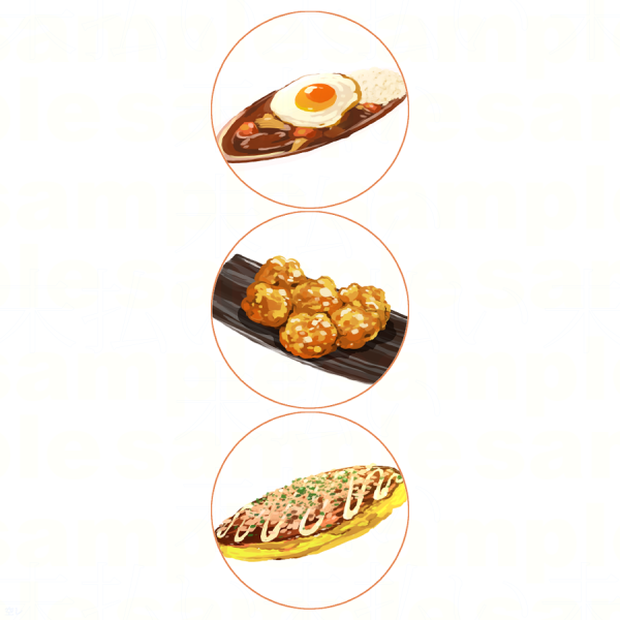 食べ物アイコン【カレー半熟目玉焼きのせ・からあげ・お好み焼き】