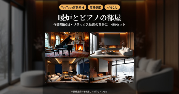 【YouTube背景素材】暖炉とピアノのくつろぎ部屋 4枚セット｜高解像度・作業用BGM向け