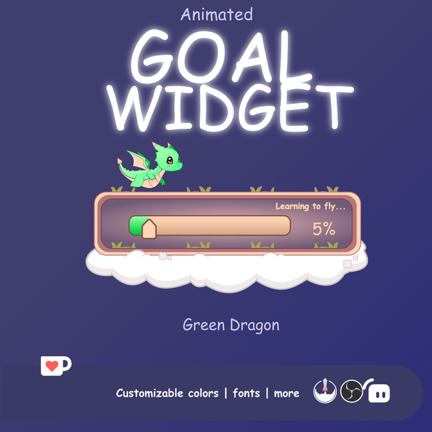 Dragon Goal Widget For Twitch, Twitch Goal Widget, Twitch Goal Widget For Stream | Animated | OBS | StreamElements | Green | Fantasy