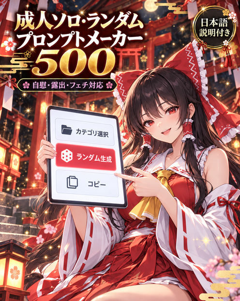 【R-18】成人ソロ・ランダムプロンプトメーカー500｜自慰・露出・排泄・おなら｜Adult Solo Prompt Generator 500 – Masturbation, Exhibition, Scat & Fart