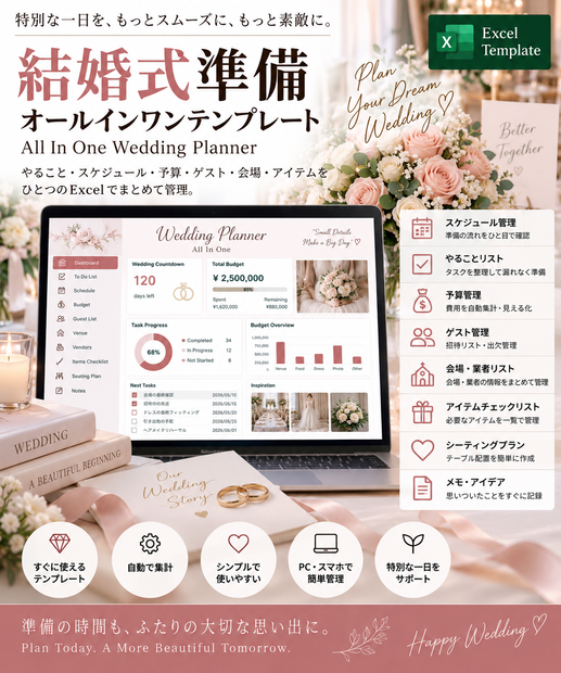 結婚式準備・予算・ゲスト管理テンプレート | All In One Wedding Planner | Excel