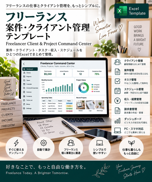 フリーランス案件・クライアント管理テンプレート | Freelancer Client & Project Command Center | Excel