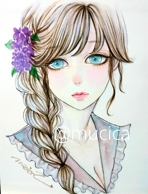 肉筆原画 水彩画 美人画 浴衣 和装 紫陽花 オリジナル 手描きイラスト 