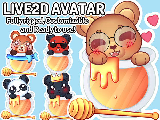 Customizable Vtuber - Brown Bear, Panda, Red Panda, RGB, Polar, Black Bear Vtuber model - Full Body/Fully rigged Live2D Avatar