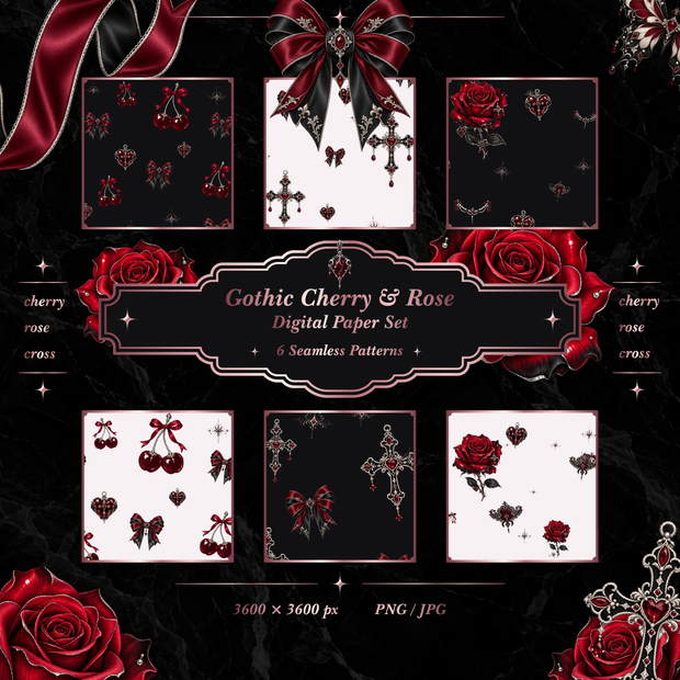 【6種セット】Gothic Cherry & Rose Digital Paper