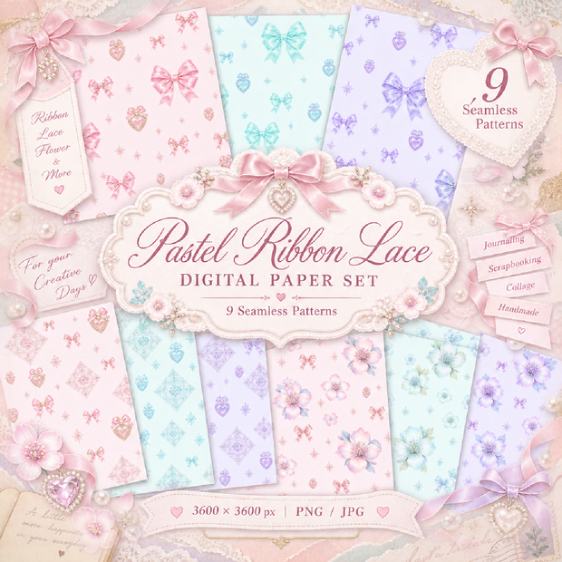【9種セット】Pastel Ribbon Lace Digital Paper