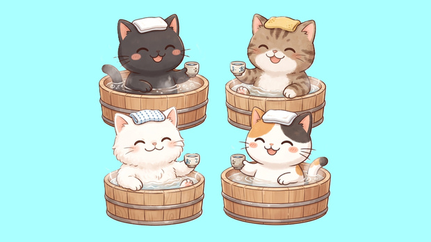 【背景透過】温泉にゃんこの離席・休憩画面素材セット【お風呂行ってきます/4毛色・湯呑み・文字ありなし/大小/反転・単品版全部付き】