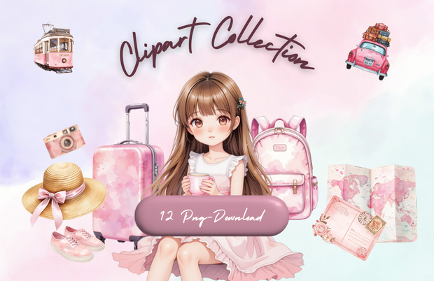 水彩ピンクの小旅行クリップアートセット（全12点）｜PNG Watercolor Pink Weekend Trip Clipart Set (12 PNGs)