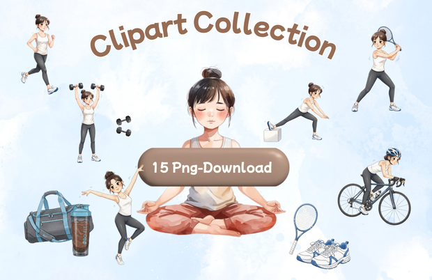 水彩スポーツガール クリップアートセット（全15点）｜PNG Watercolor Sports Girl Clipart Set (15 PNGs)