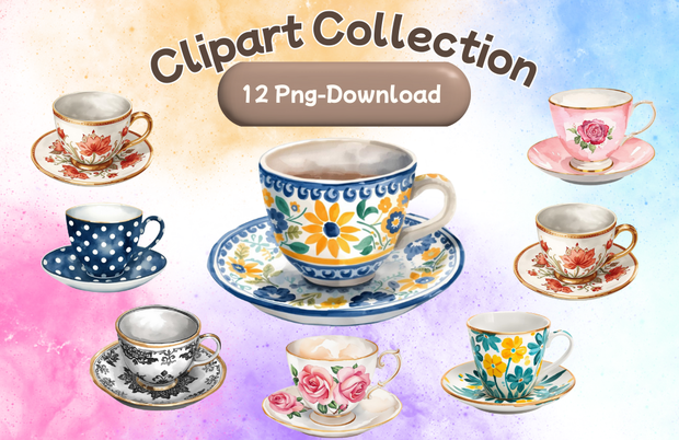 水彩ティーカップ コレクション（全12点）｜  Watercolor Teacup Clipart Collection (12 PNGs)