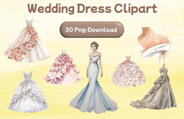 水彩フリルウェディングドレス クリップアートセット（全30点）｜ Watercolor Frilly Wedding Dress Clipart Set (30 PNGs)