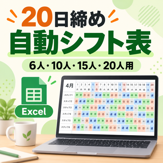 【Excel】20日締め自動シフト表｜6人・10人・15人・20人用セット