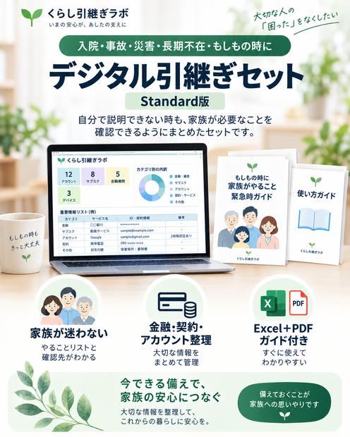 【3分で始める】家族が困らないデジタル引継ぎセット｜入院・事故・災害・長期不在の備え｜Excel＋PDF