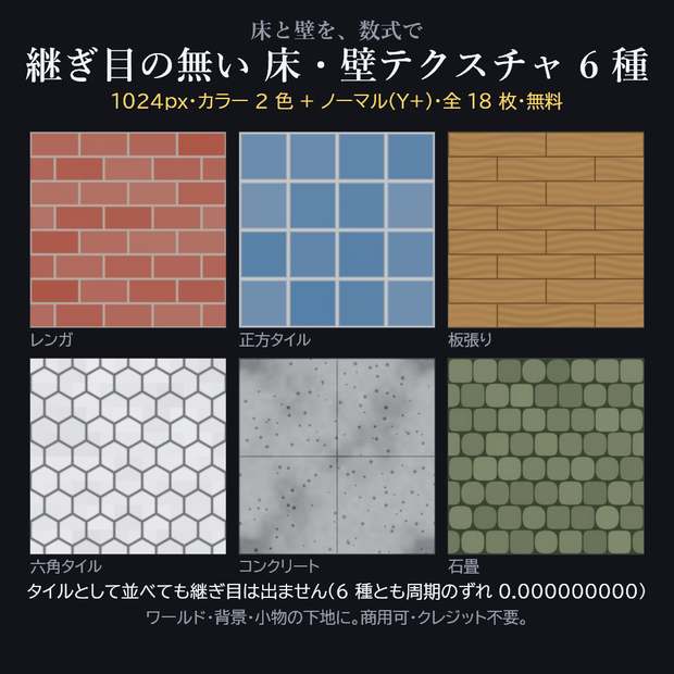 継ぎ目の無い 床・壁テクスチャ 6種×2色 1024px(カラー + ノーマル)—— 無料【レンガ / タイル / 板張り / 六角 / コンクリート / 石畳 / Unity / Blender / VRChat】