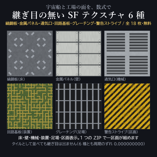 継ぎ目の無い SF テクスチャ 6 種 × 2 色 + ノーマル(1024px・全 18 枚)
