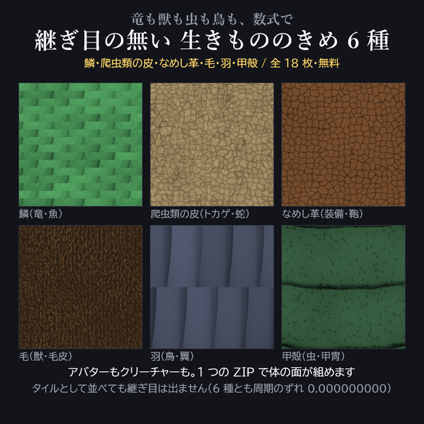 継ぎ目の無い 生きもののきめ 6種(鱗・爬虫類の皮・なめし革・毛・羽・甲殻)× 2色 + ノーマル 全18枚【1024px / 無料 / VRChat / Unity / Blender】