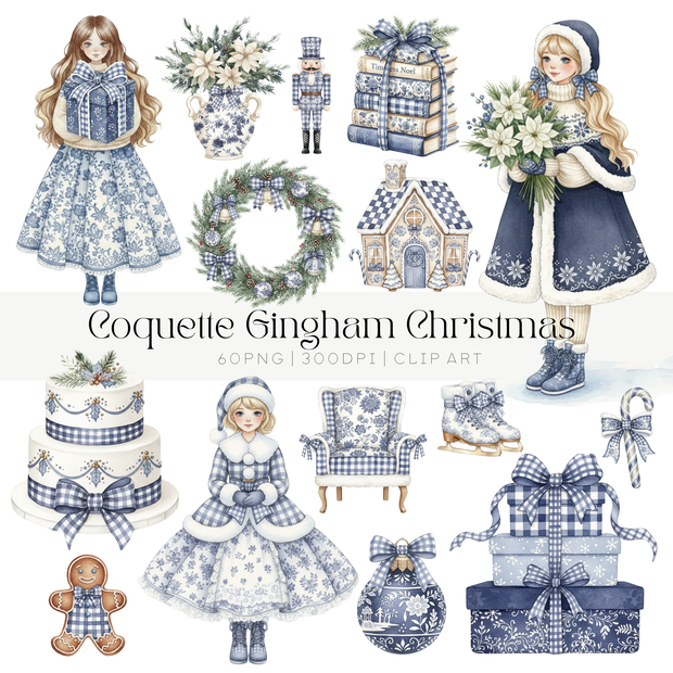 🛋️Coquette Gingham Christmas ｜ブルーギンガムの可愛いクリスマスクリップアート🛋️