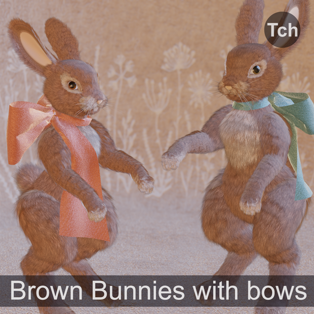 Mr and Mrs Brown Bunnies with bows (3D) ||「シルクのリボンがついた茶色いうさぎの夫婦の3Dモデル」(3D)