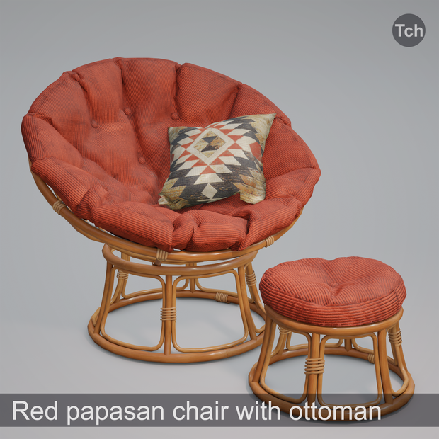 Red papasan chair with ottoman (3D) | 赤いパパサンチェアとオットマン（3D）