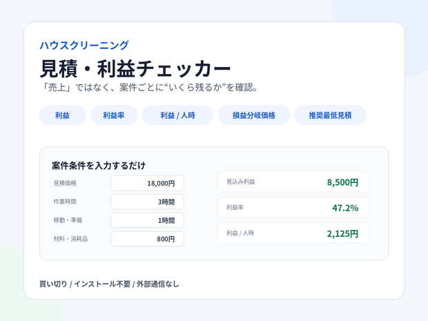 ハウスクリーニング 見積・利益チェッカー v1.0｜移動時間・材料費・手数料まで含めて「いくら残るか」を自動計算