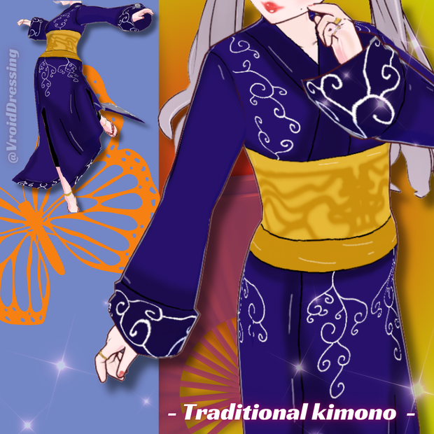 Vroid blue traditional kimono with arabesque patterns