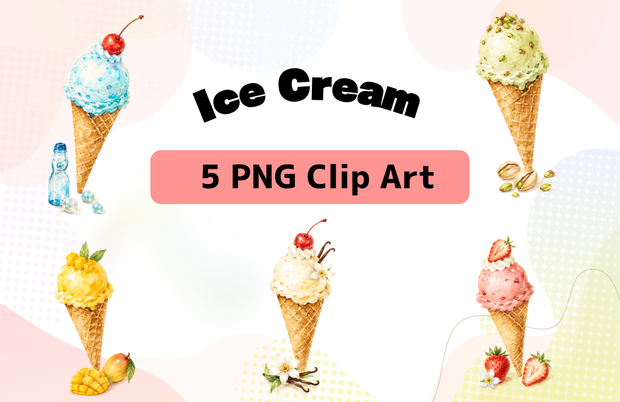 アンティーク水彩｜夏のアイスクリームクリップアートセット【PNG・5種類】