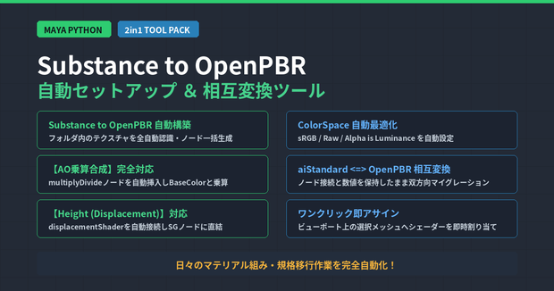 Maya Python】Substance ➔ OpenPBR 自動アサイン＆マテリアル相互変換パック