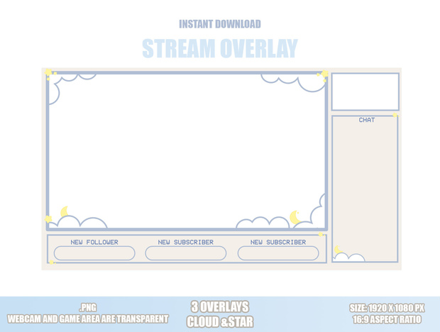 【配信用オーバーレイ/STREAM OVERLAYS】TWITCH 青 クリーム 雲