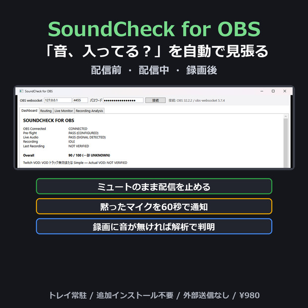 SoundCheck for OBS — 「音、入ってる？」を配信前・配信中・録画後まで自動で見張る