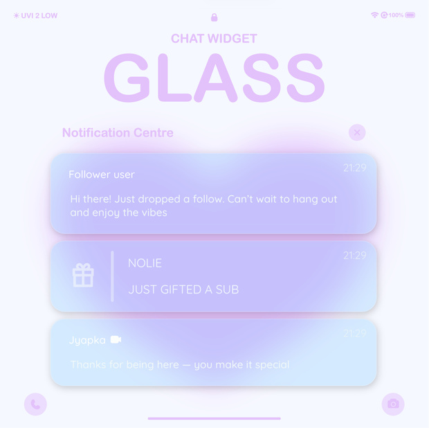 Glass Twitch Chat Widget: Pastel Kawaii Notification Overlay with Custom Alerts And Minimalist Style