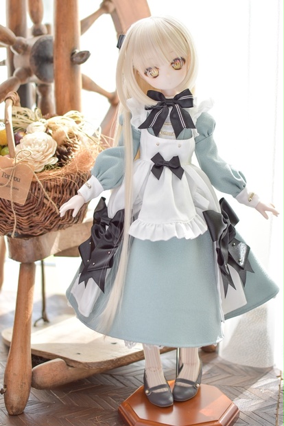 【即納】カーテンエプロンのメイド服＜スモーキーブルー＞MDDサイズ(S～L胸対応)