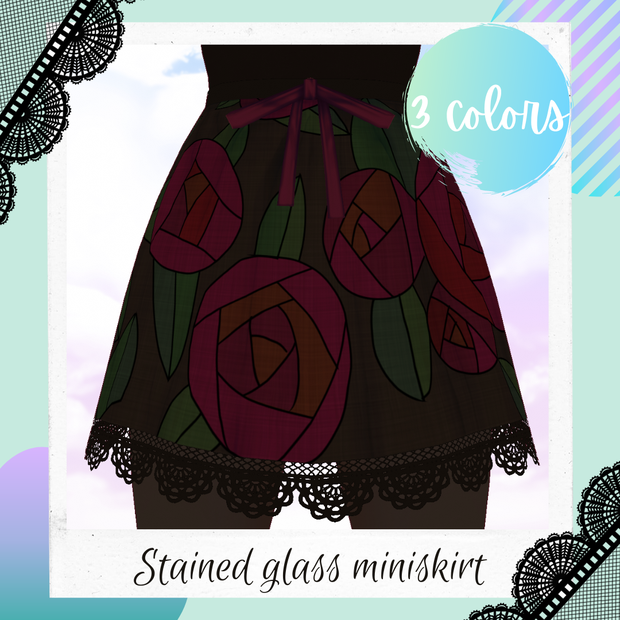 [Free/無料] VRoid rose stained glass mini skirt texture - 3 colors / Texture de jupe à motif vitrail fleuri pour VRoid / 薔薇ステンドグラスミニスカートテクスチャー