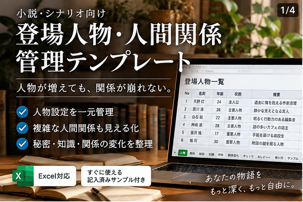 小説・シナリオ 登場人物・人間関係 管理テンプレート｜秘密・知識・呼称・関係変化・AIレビュー【Excel / Googleスプレッドシート】