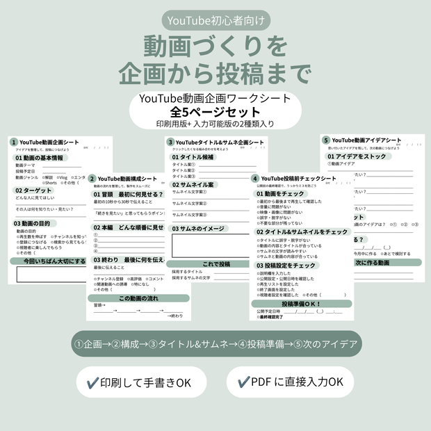 【YouTube初心者向け】動画企画ワークシート｜企画から投稿まで全5ページ｜印刷・PDF入力対応