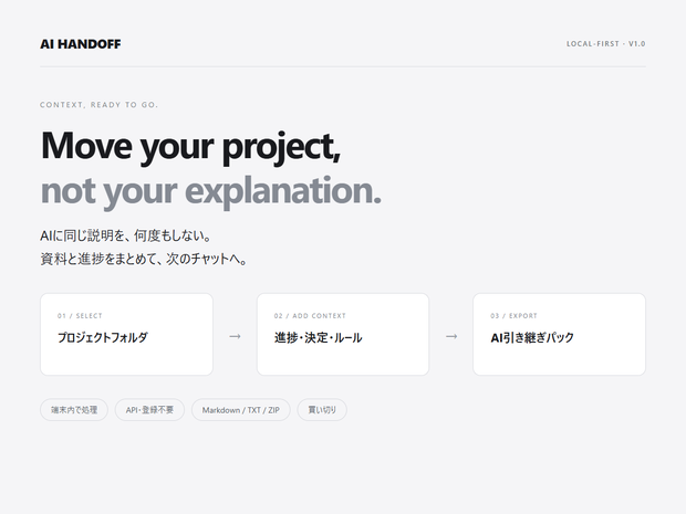 AI HANDOFF｜AIに同じ説明を何度もしない。ローカルで作るプロジェクト引き継ぎパック