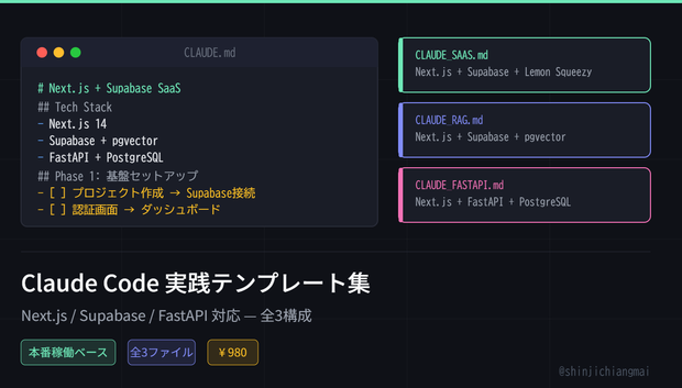 Claude Code実践テンプレート集｜Next.js/Supabase/FastAPI対応 全3構成