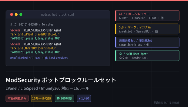 ModSecurityボットブロックルールセット｜cPanel/LiteSpeed/IM360対応 16ルール