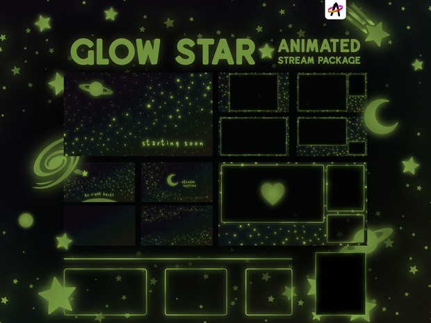 Glow Star Stream Package - Animated Glow in the Dark Overlay Pack with Cute Green Layouts, Title Screens, Alerts and Borders