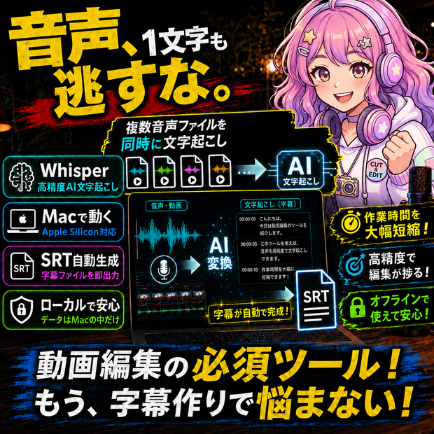 【動画編集を効率化】音声を逃さない！高精度ローカル一括文字起こしツール