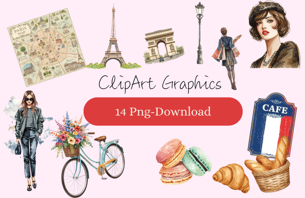 水彩タッチのパリ風クリップアート（全14点セット／PNG）／Watercolor Paris Clip Art Set