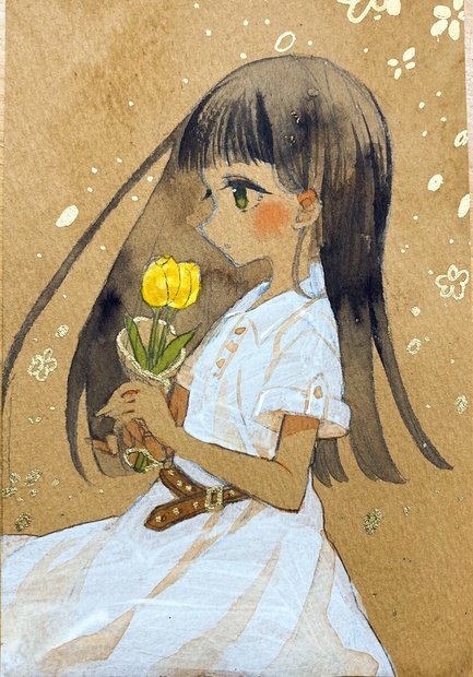 【定番限定SALE】手描きイラスト オリジナル 創作 緑 花 少年 男の子 手描きイラスト