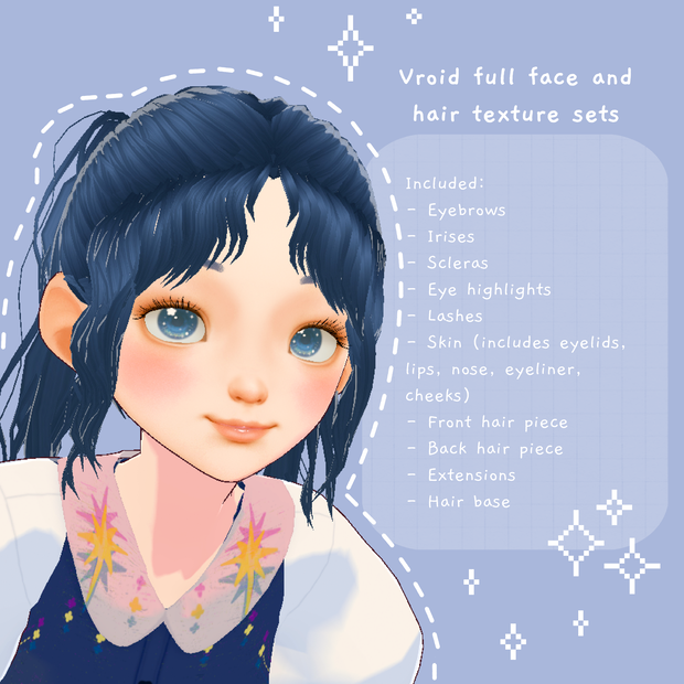 【VRoid】VTuber向けのリアルで詳細なかわいい女性/女の子/女性の顔の肌と髪のテクスチャセット Realistic detailed cute female/girl/woman face skin and hair texture set for VTubers VRoid studio (VRM)