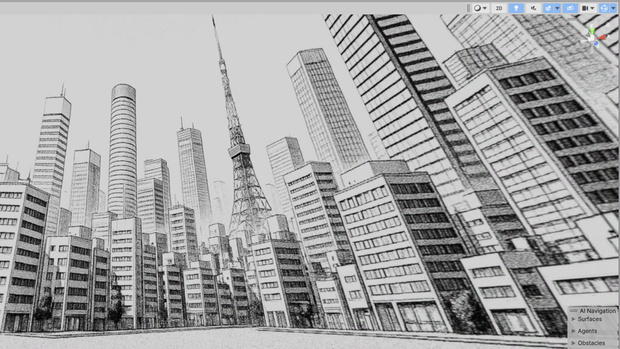  【3D環境・ワールド】漫画背景風東京ビル群Skyboxマテリアル unityパッケージ