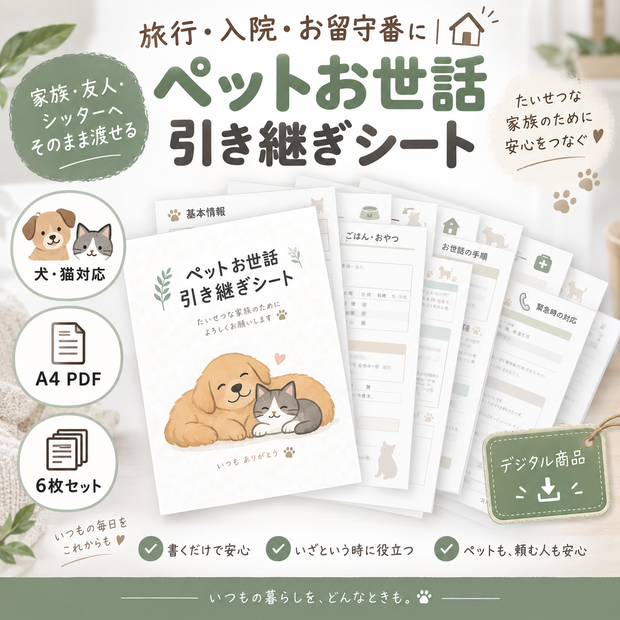 旅行・入院・お留守番に｜ペットお世話引き継ぎシート 6枚セット｜犬・猫対応 A4 PDF